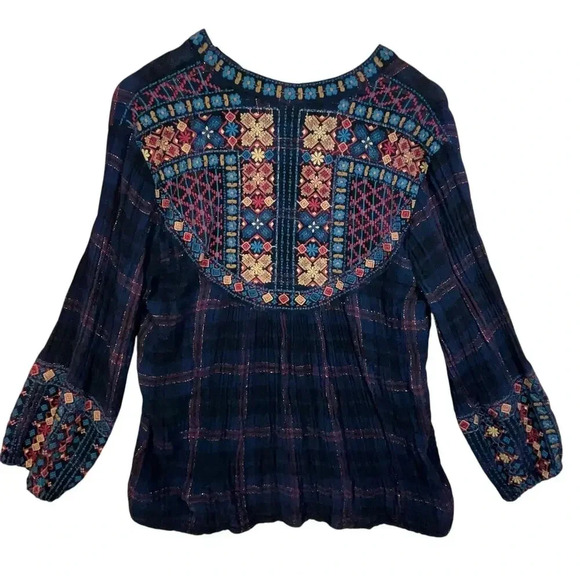 Johnny Was Blue Plaid Embroidered Boho Gauze Cotton Blend Vika Paris Blouse M - Picture 2 of 8